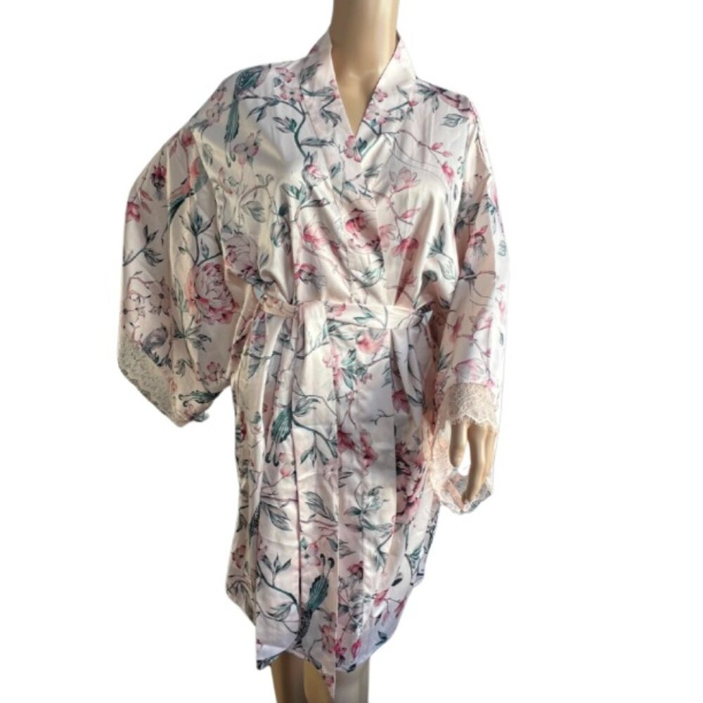 HOMEBODII Kimono Robe / Bathrobe / Floral & Birds / Pink / Size L